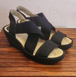 Fly London Black Wedge Sandals
